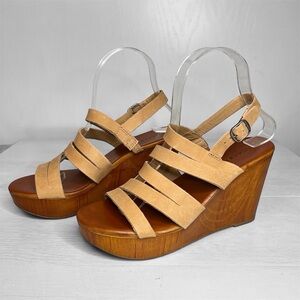 Lucky Brand Tan Marinaa Woodgrain Platform Wedge Sandal